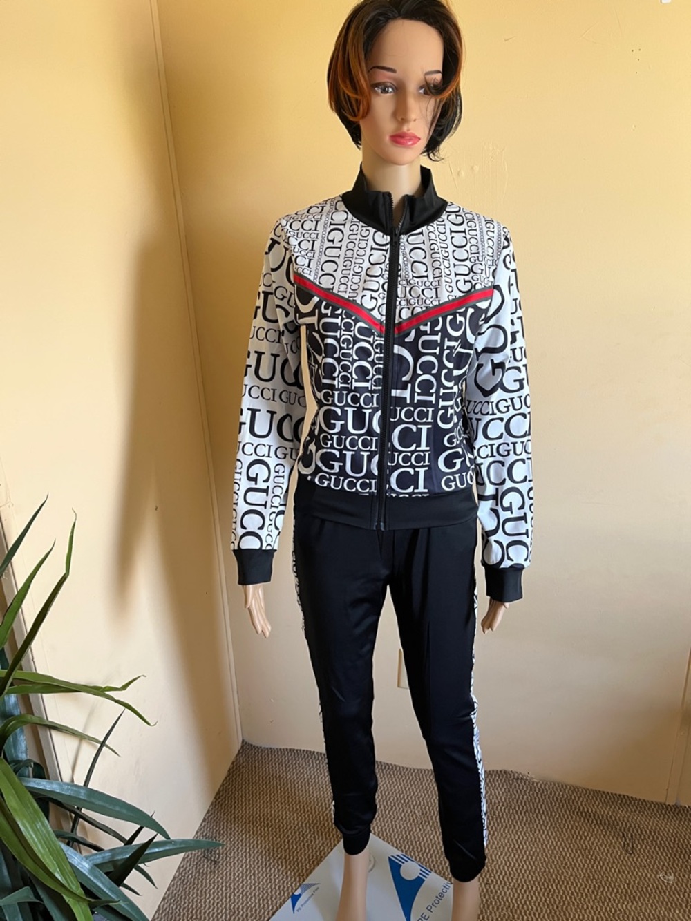 Gucci Black & White All-Over Logo Bomber Jacket with Red Trim